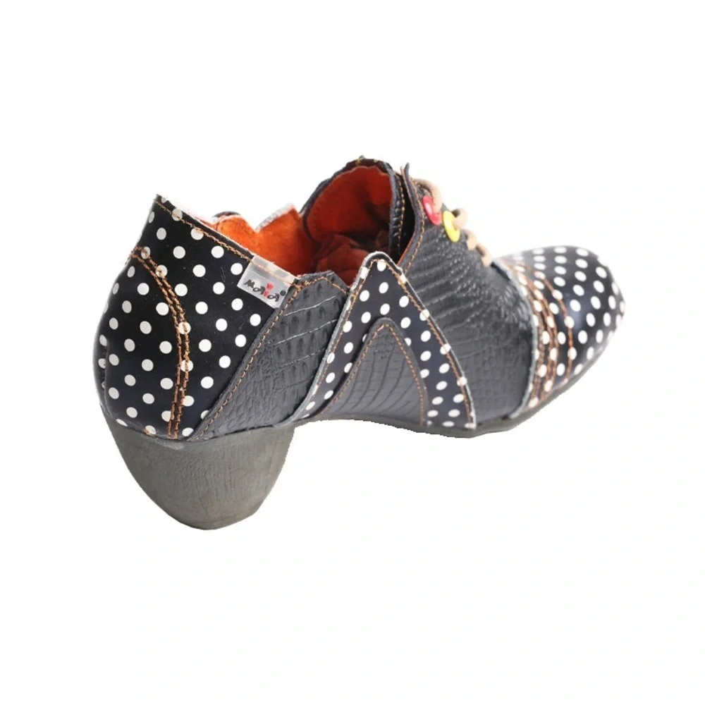 TMA EYES & MAiA Women's Retro Polka Dot Leather Booties Low Heel Lace Up - Picture 4 of 6